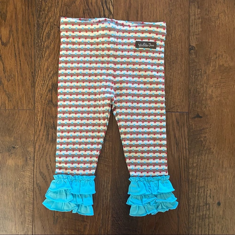 Matilda Jane Girls Red Pink Blue Dot Stripe Leggings with Turquoise Ruffle Cuffs